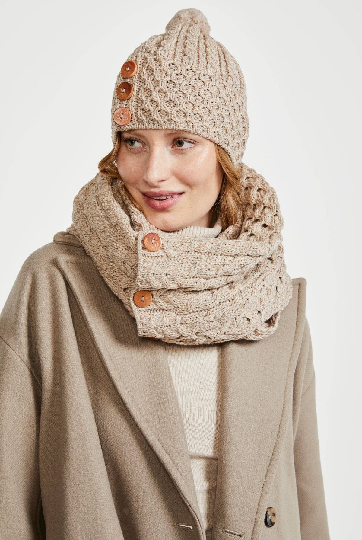 Shrule Merino Aran Hat with Pom Pom - Oat