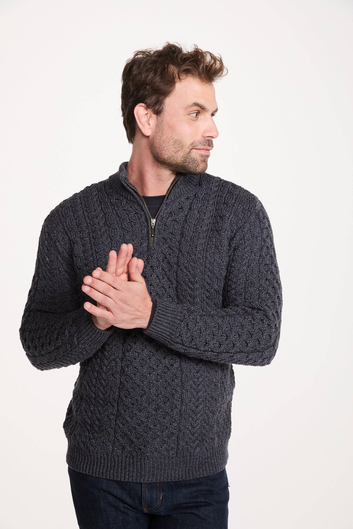 Ballycroy Mens Merino Aran Half Zip Sweater - Grey