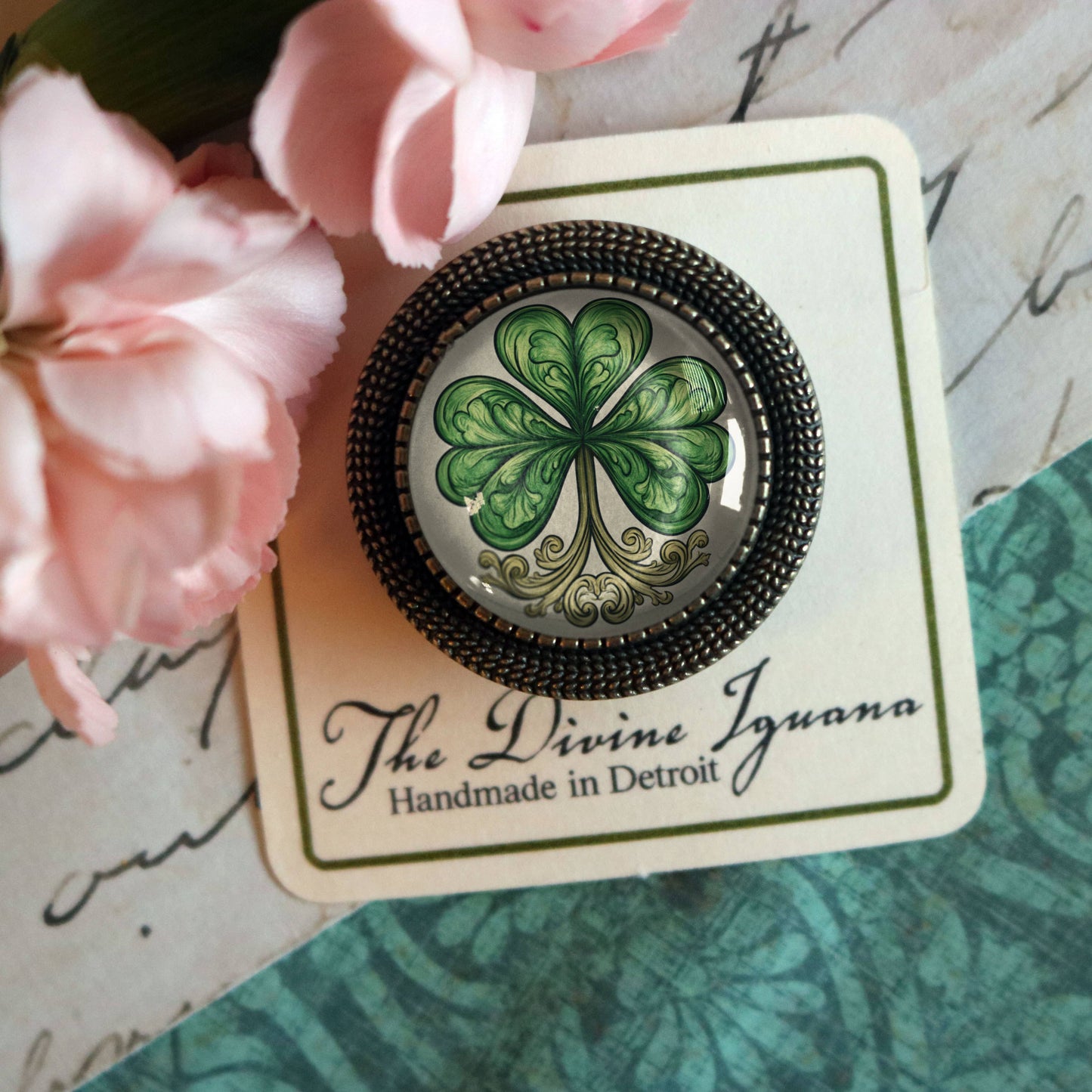 Classic Shamrock St. Patrick's Day Bronze and Glass Brooch