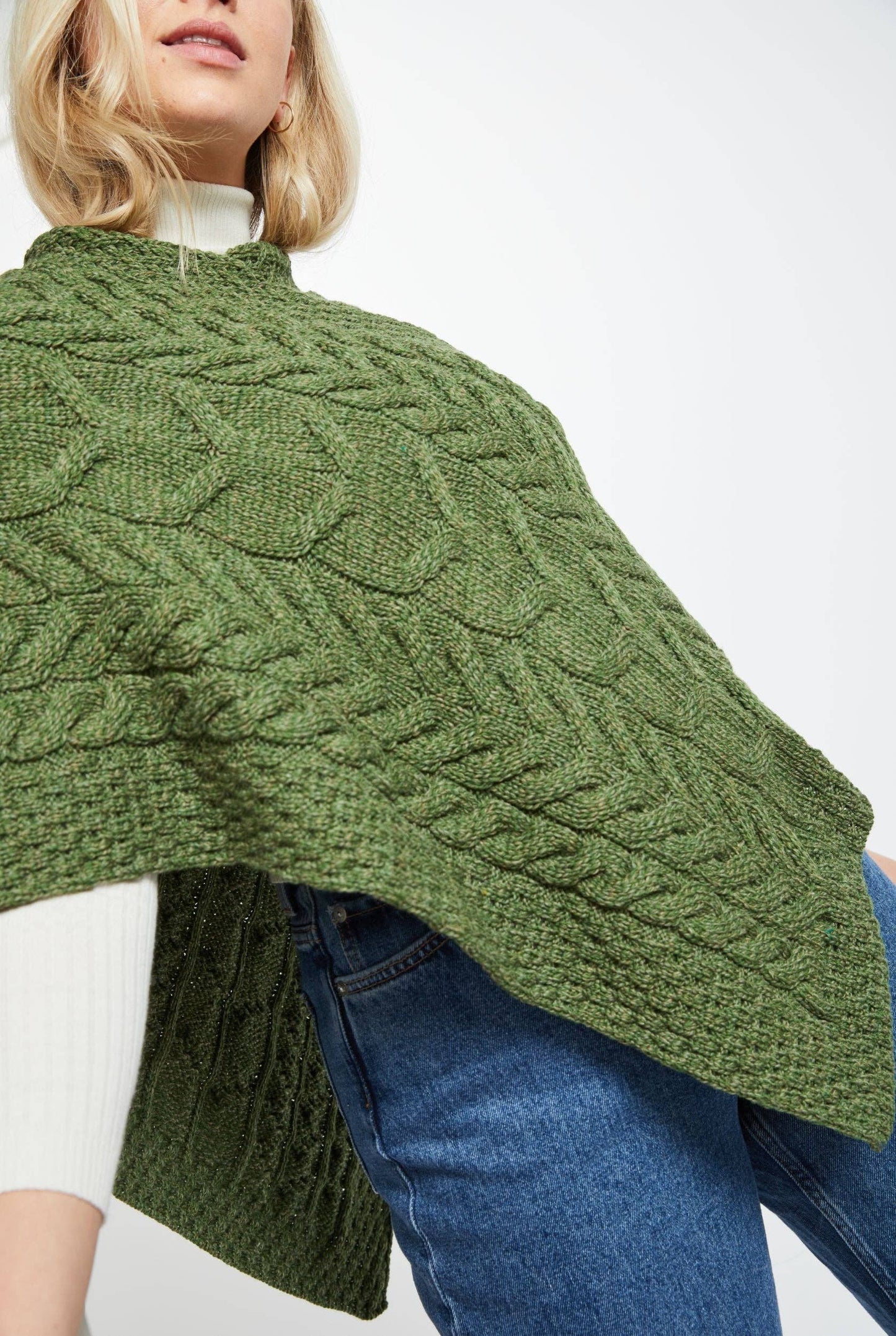 Aasleagh Falls Ladies Aran Poncho-Meadow Green