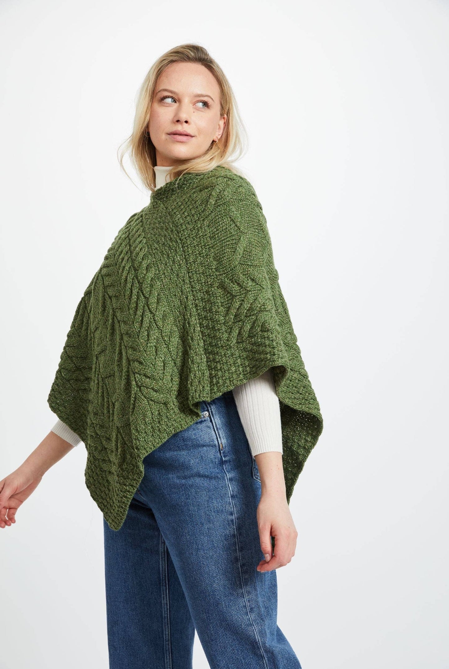Aasleagh Falls Ladies Aran Poncho-Meadow Green