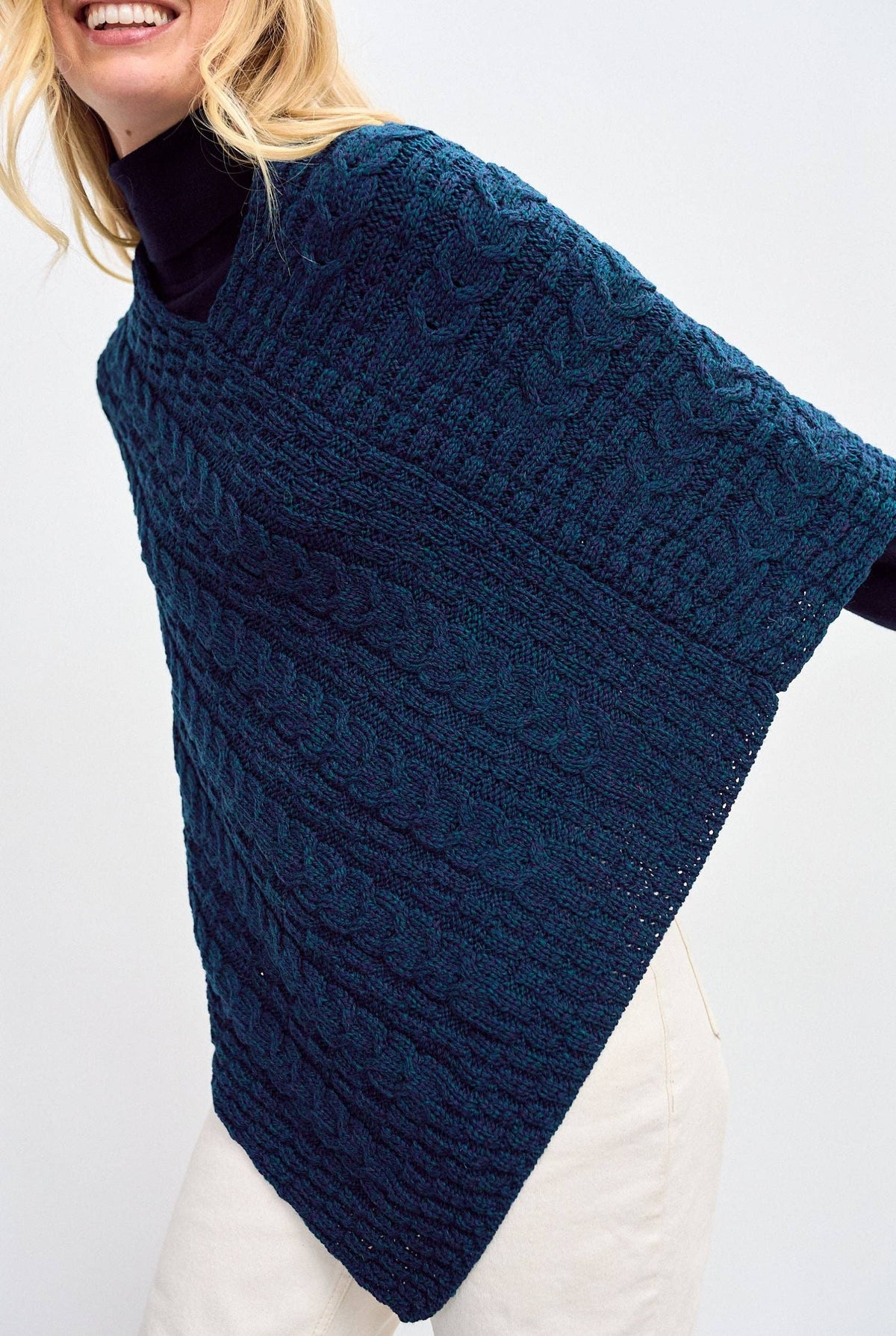 Glencar Ladies Classic Merino Aran Poncho - Atlantic