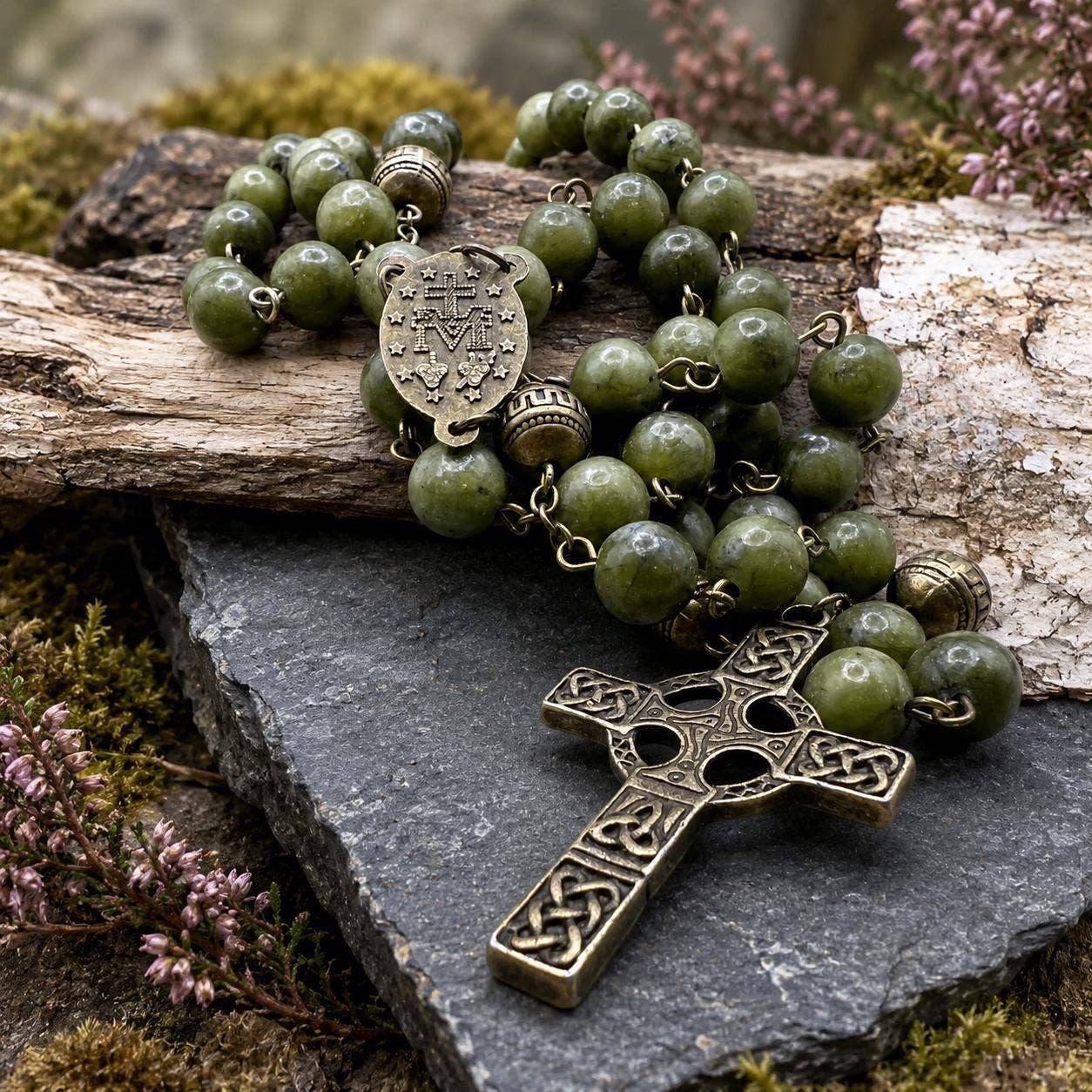 Green Jade Celtic Cross Catholic Rosary