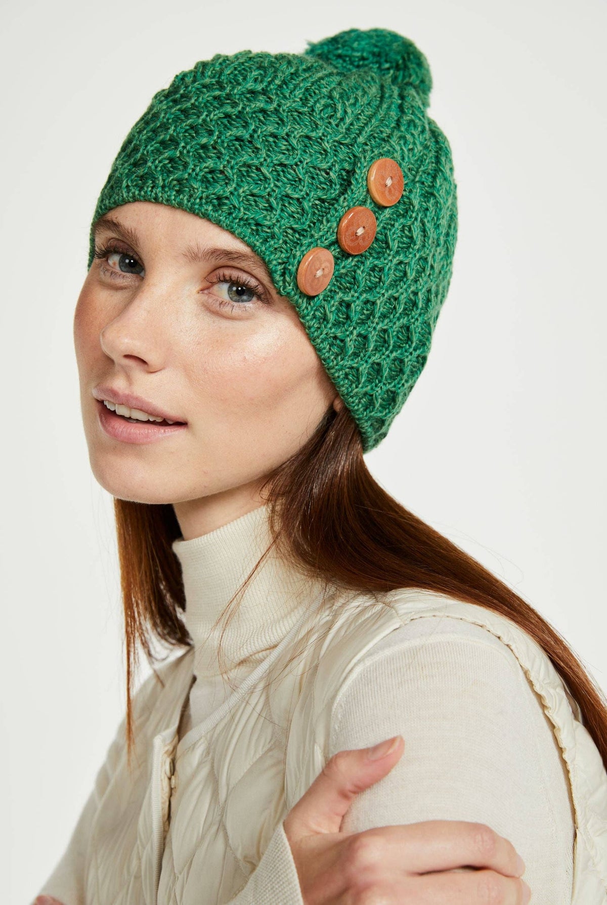 Shrule Merino Aran Hat with Pom Pom - Green
