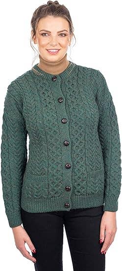 Green Ladies' Merino Aran Cardigan with Buttons SMALL