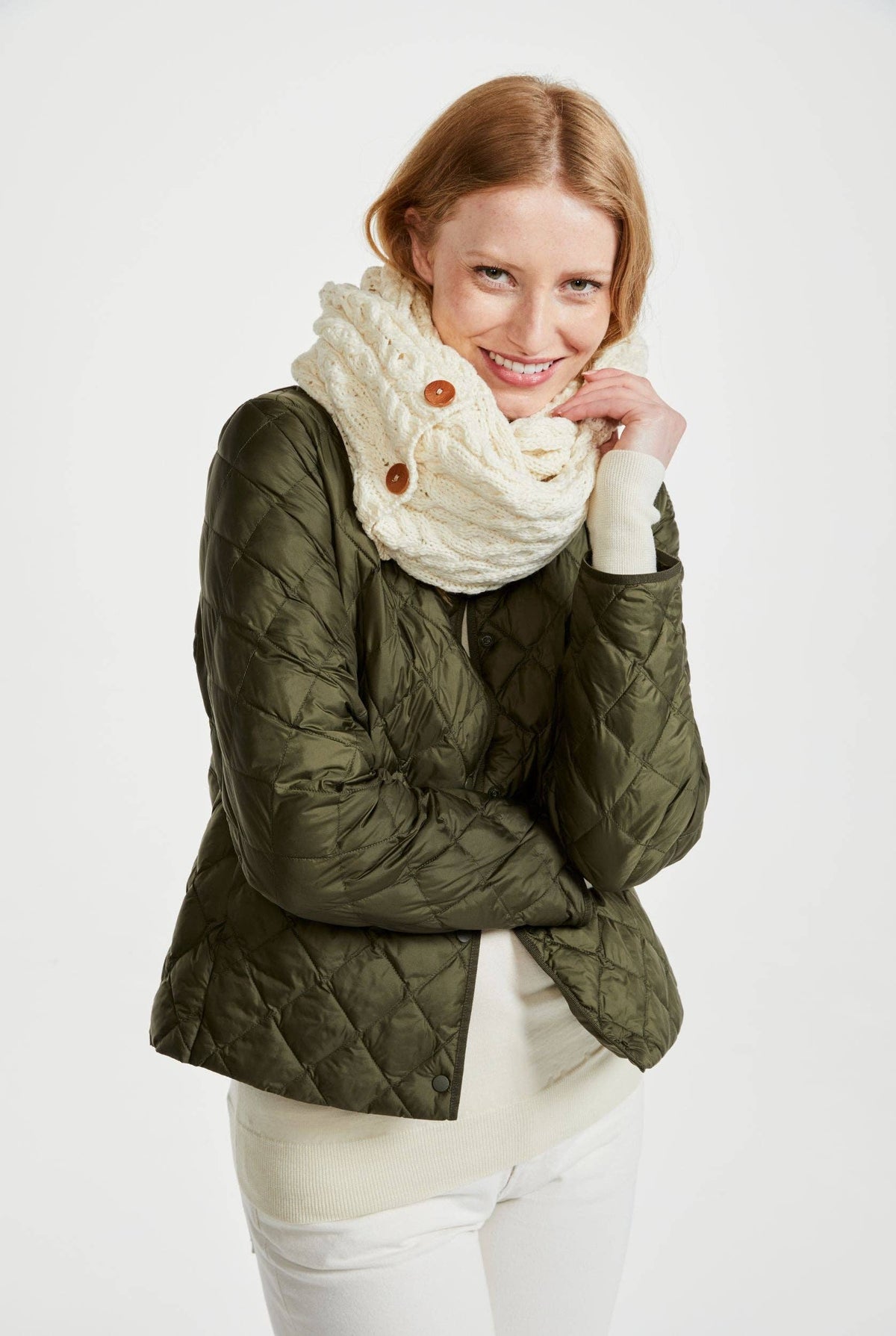 Kilmaine Aran Snood Scarf with Buttons -  Cream