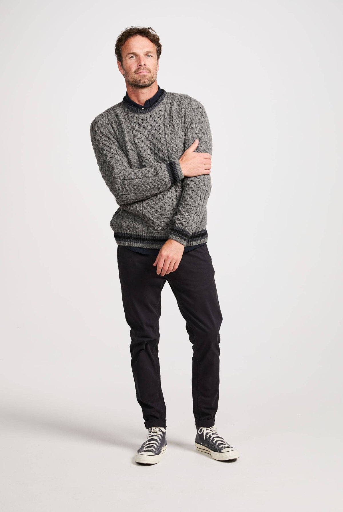 Inishbeg Mens Stripe Crewneck Merino Sweater - Grey