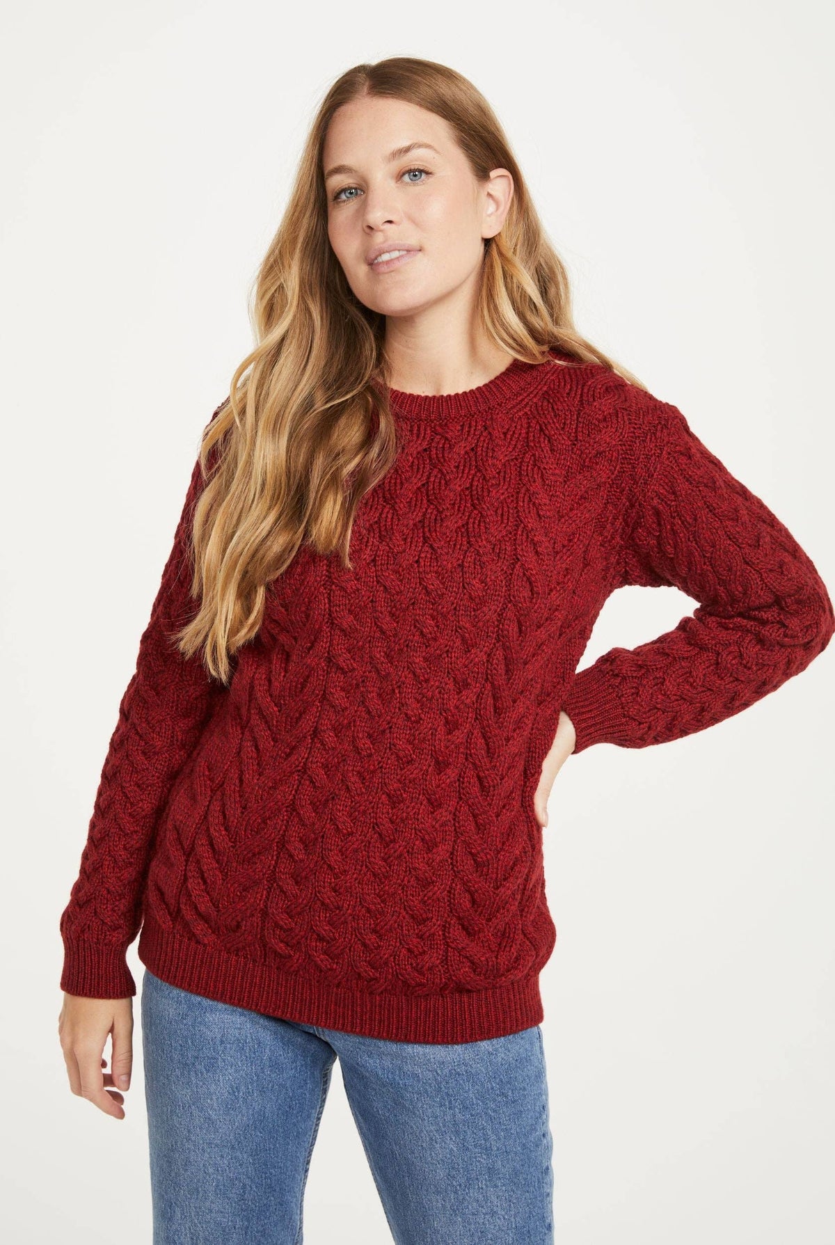 Omey Ladies Aran Crew Neck Sweater - Rua Red
