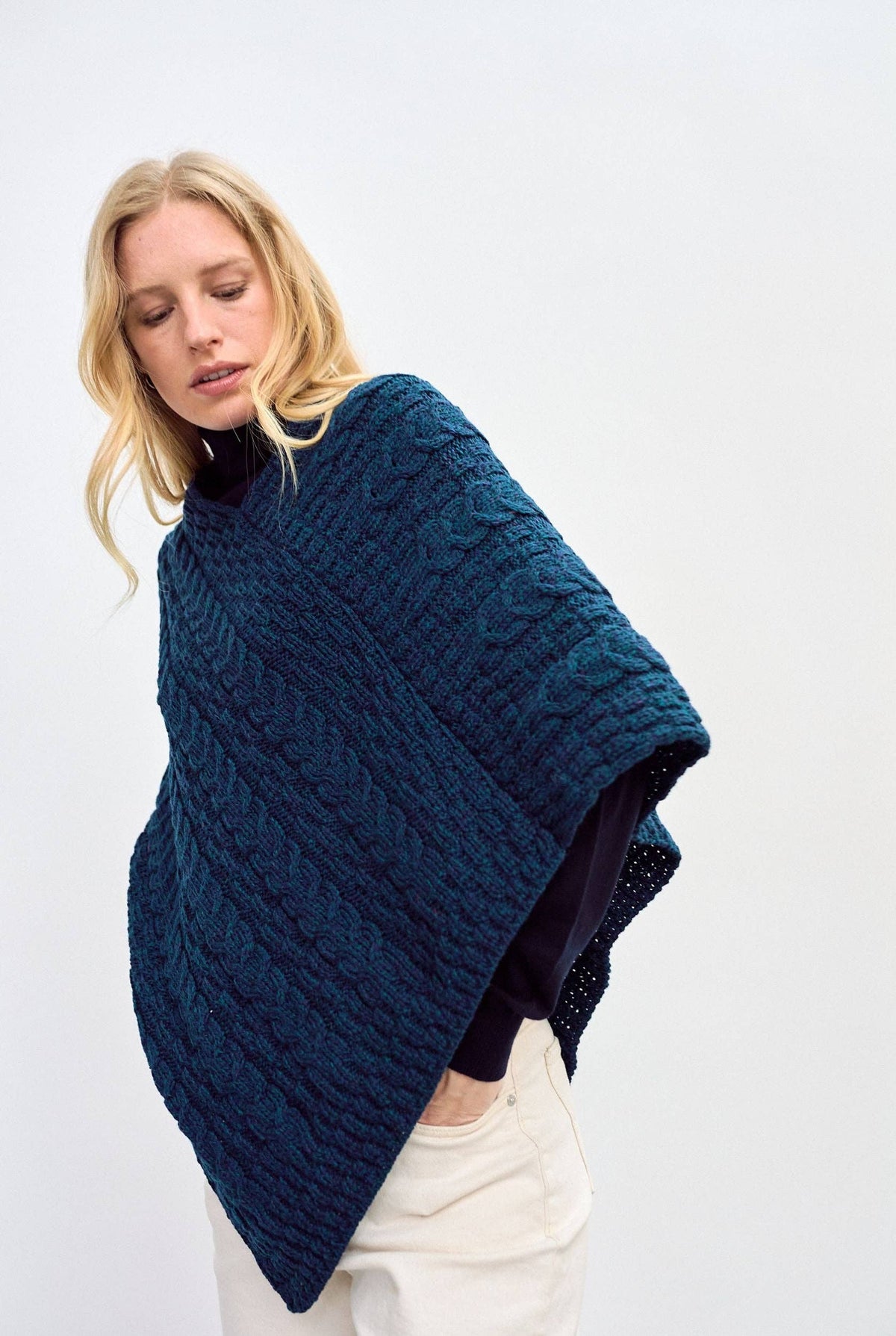 Glencar Ladies Classic Merino Aran Poncho - Atlantic