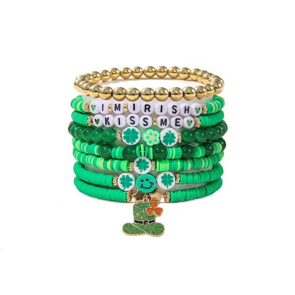 St. Patrick's Day Women Green Clover Smiley Beaded Bracelet