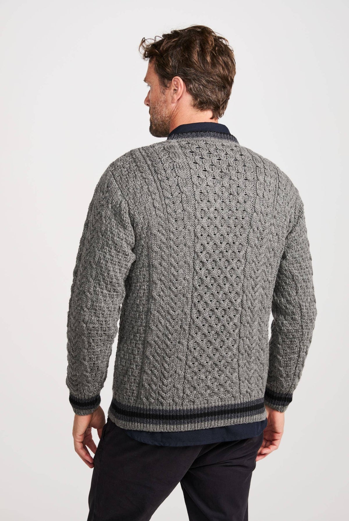 Inishbeg Mens Stripe Crewneck Merino Sweater - Grey