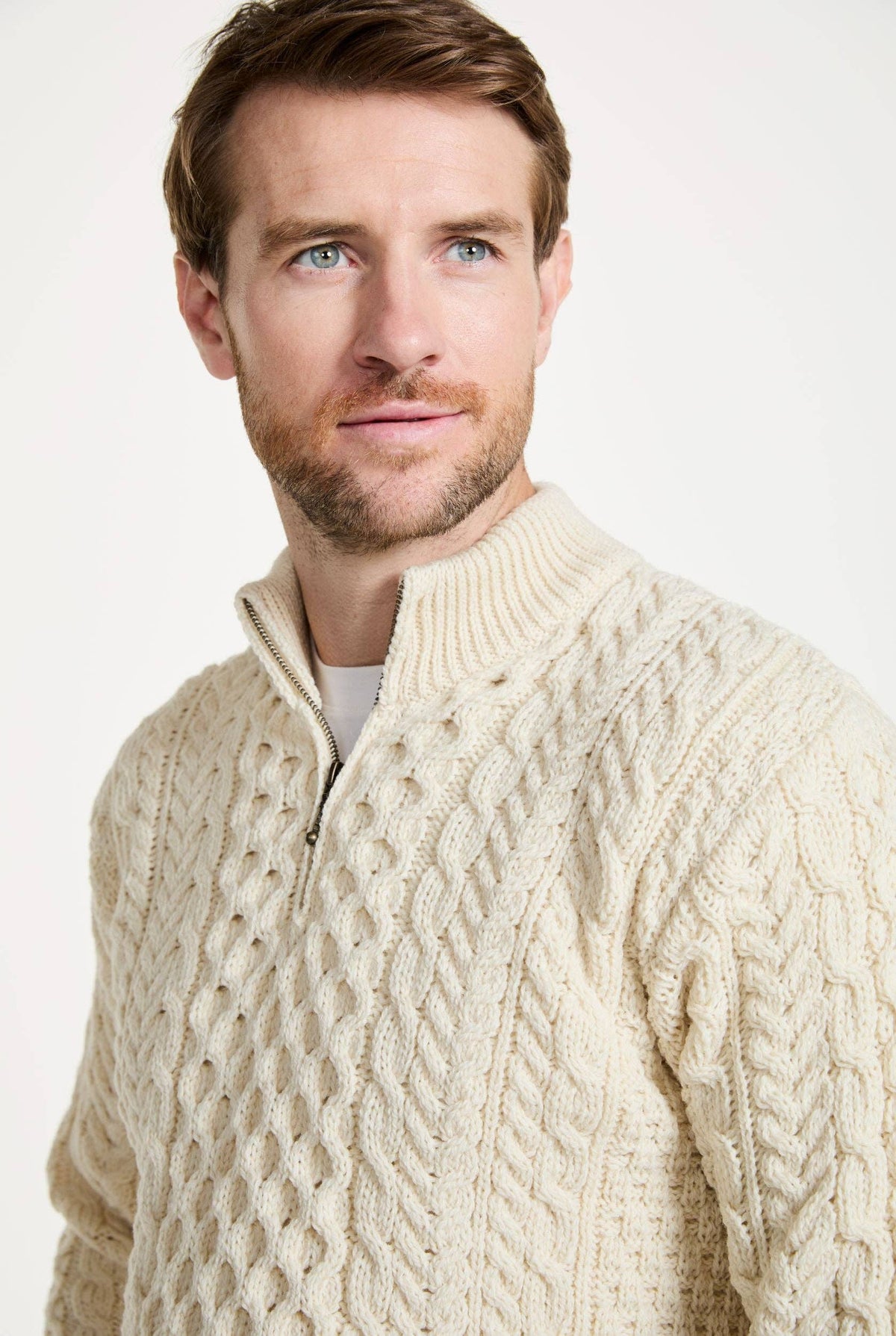Ballycroy Mens Merino Aran Half Zip Sweater - Cream