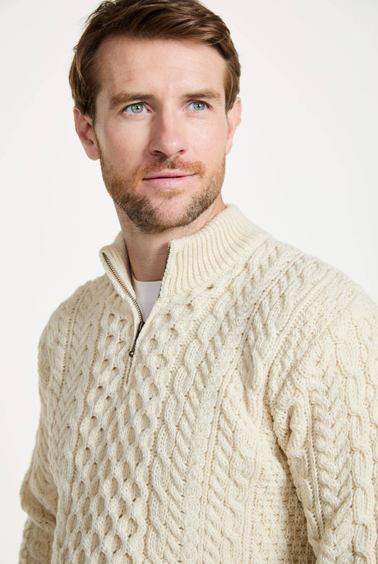 Ballycroy Mens Merino Aran Half Zip Sweater - Cream