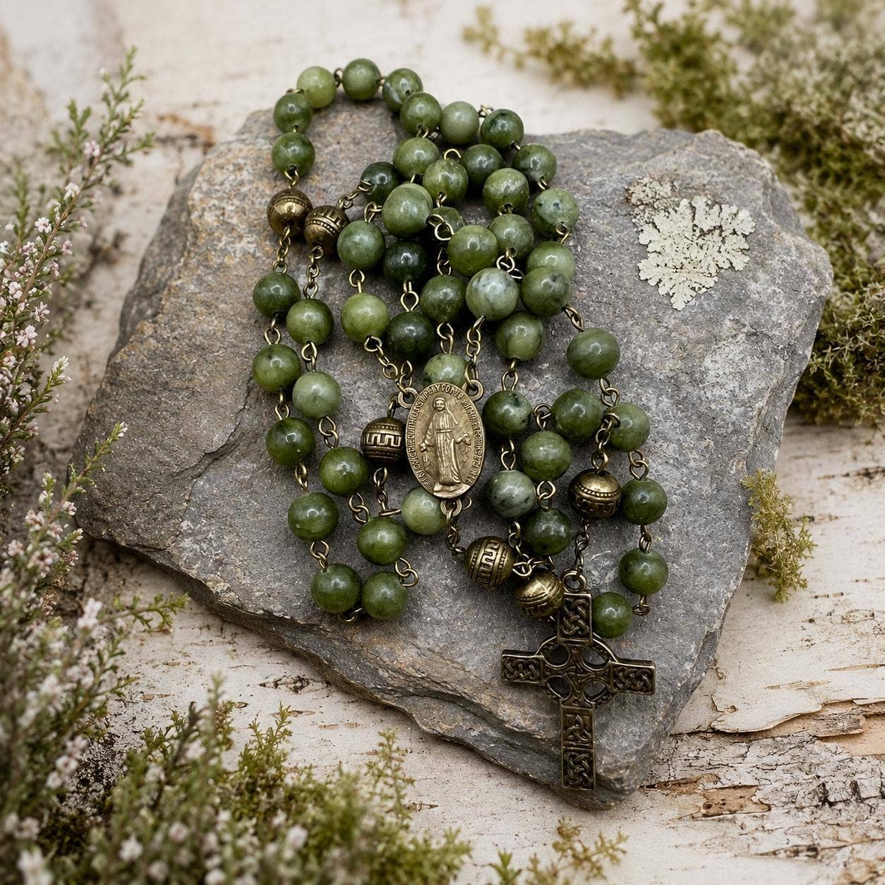 Green Jade Celtic Cross Catholic Rosary