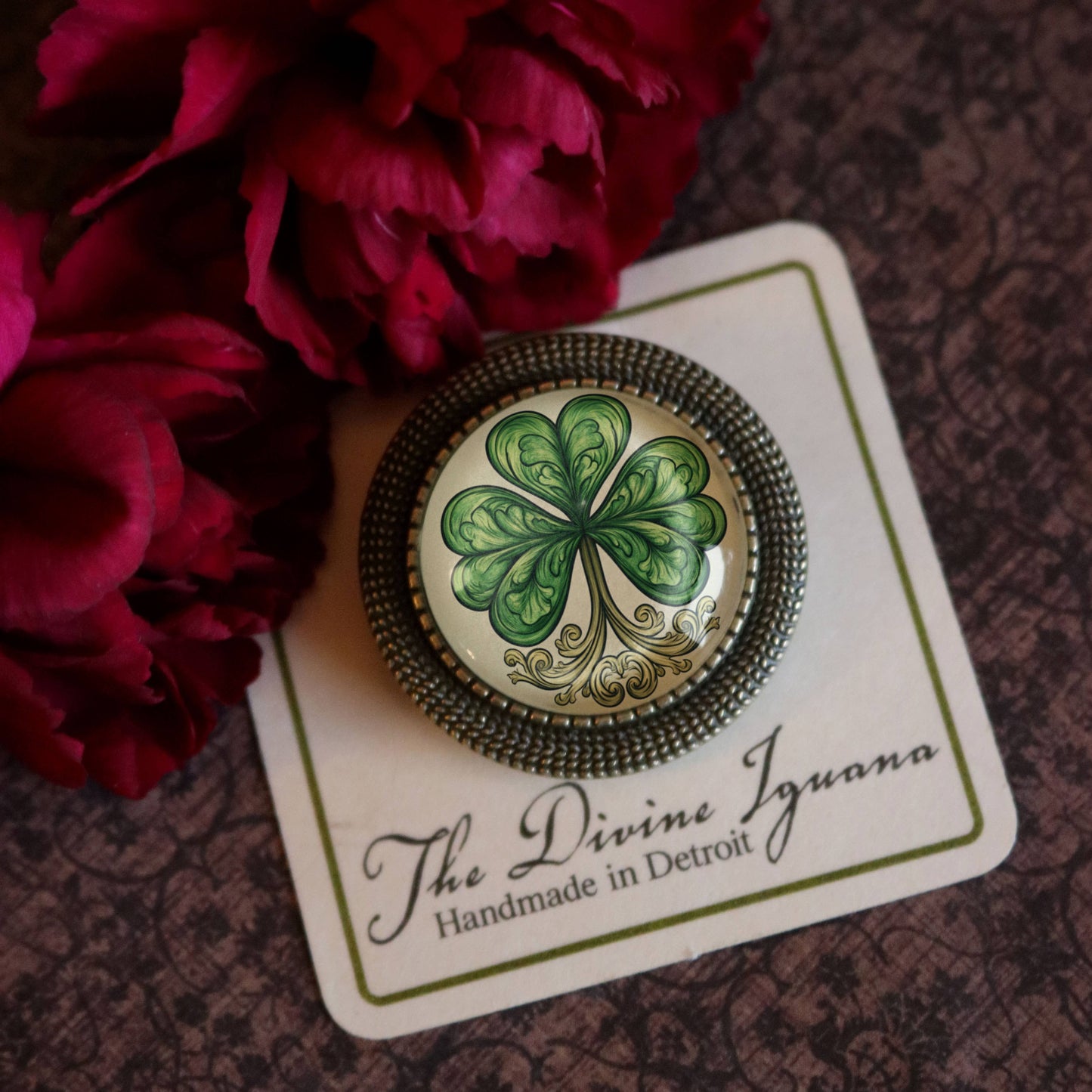Classic Shamrock St. Patrick's Day Bronze and Glass Brooch
