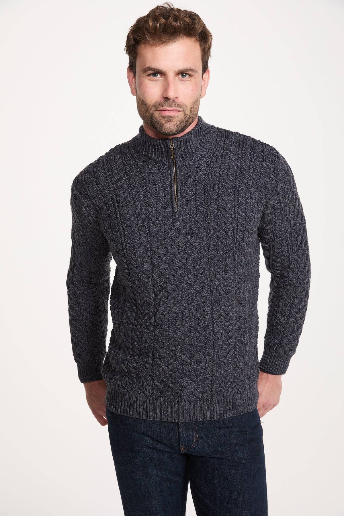 Ballycroy Mens Merino Aran Half Zip Sweater - Grey