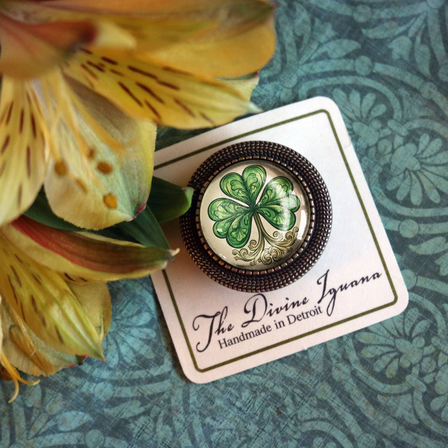 Classic Shamrock St. Patrick's Day Bronze and Glass Brooch