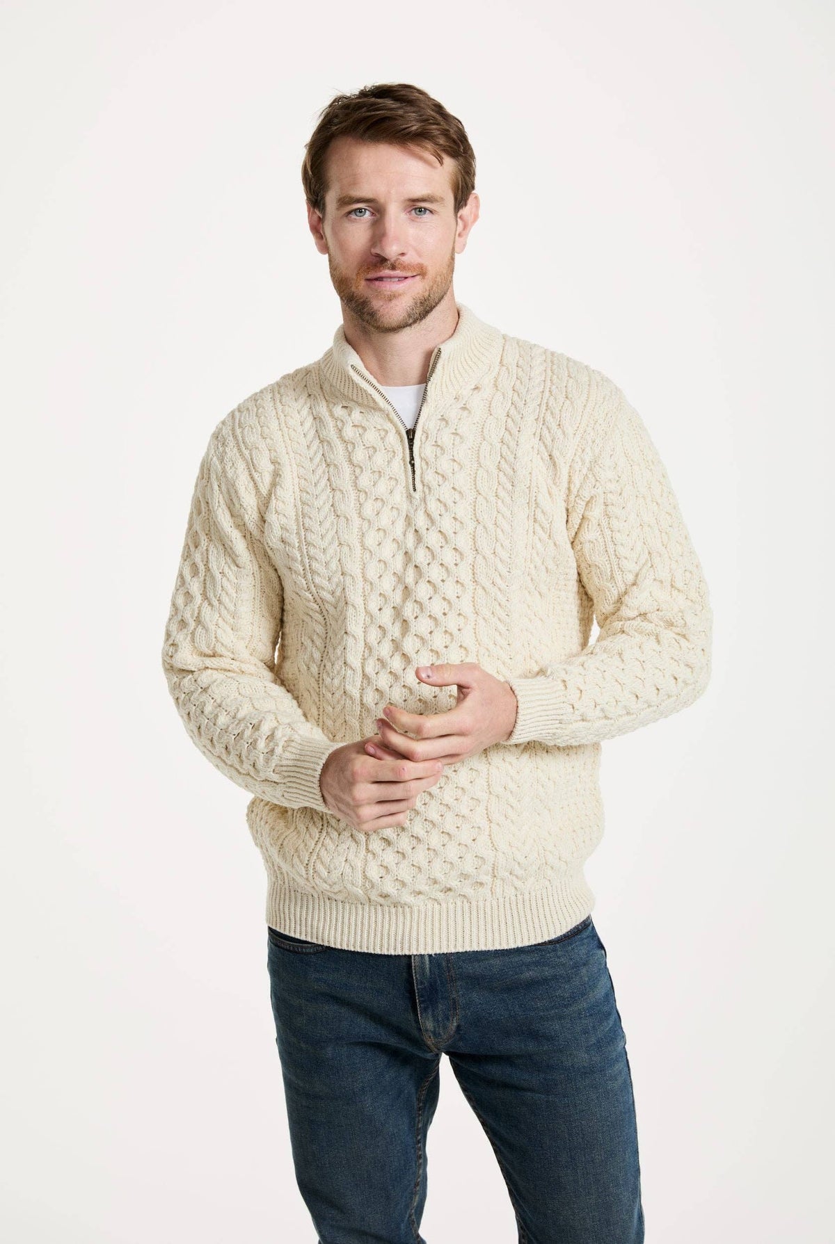 Ballycroy Mens Merino Aran Half Zip Sweater - Cream