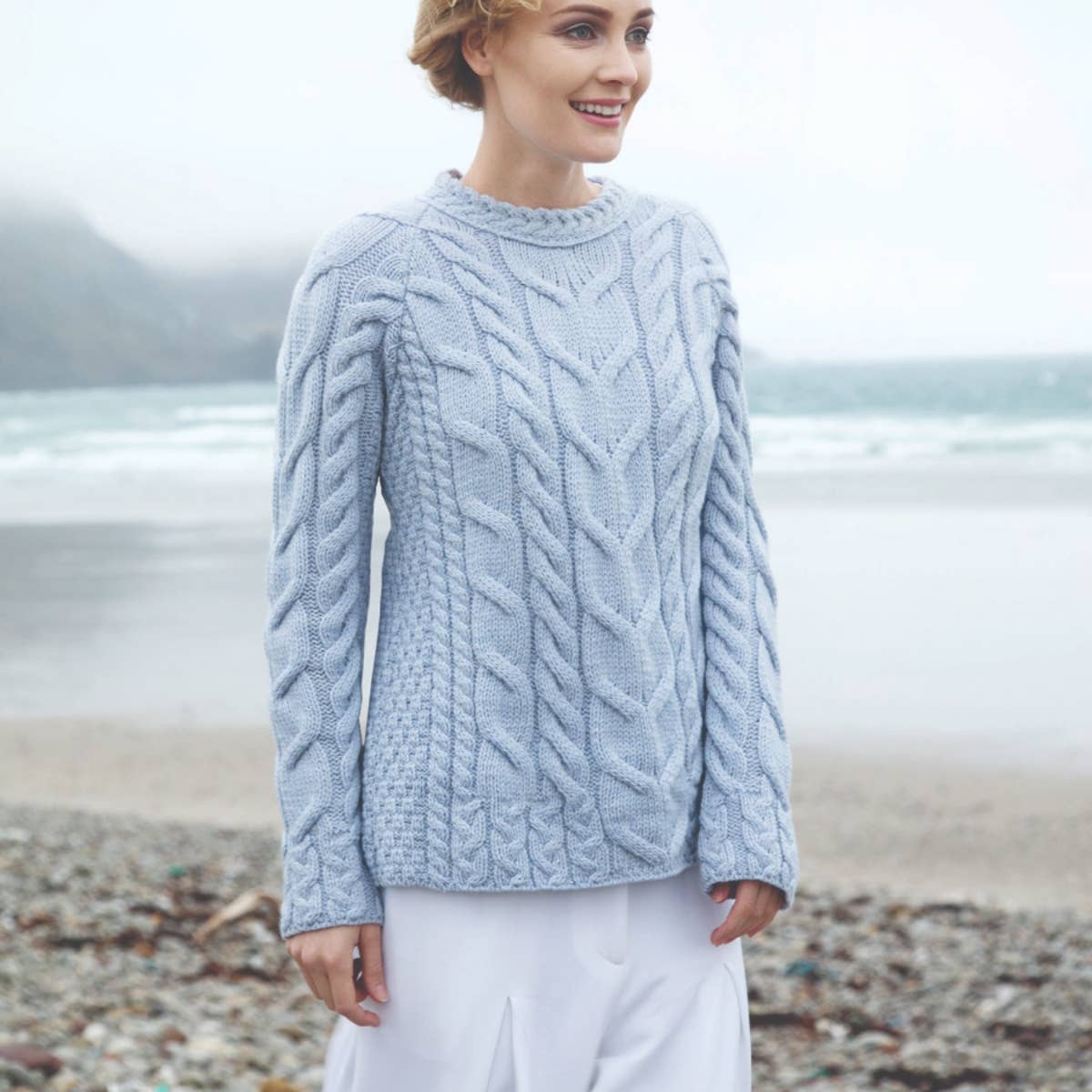 Light Blue Super Soft Merino Ladies' Cable Sweater-Medium