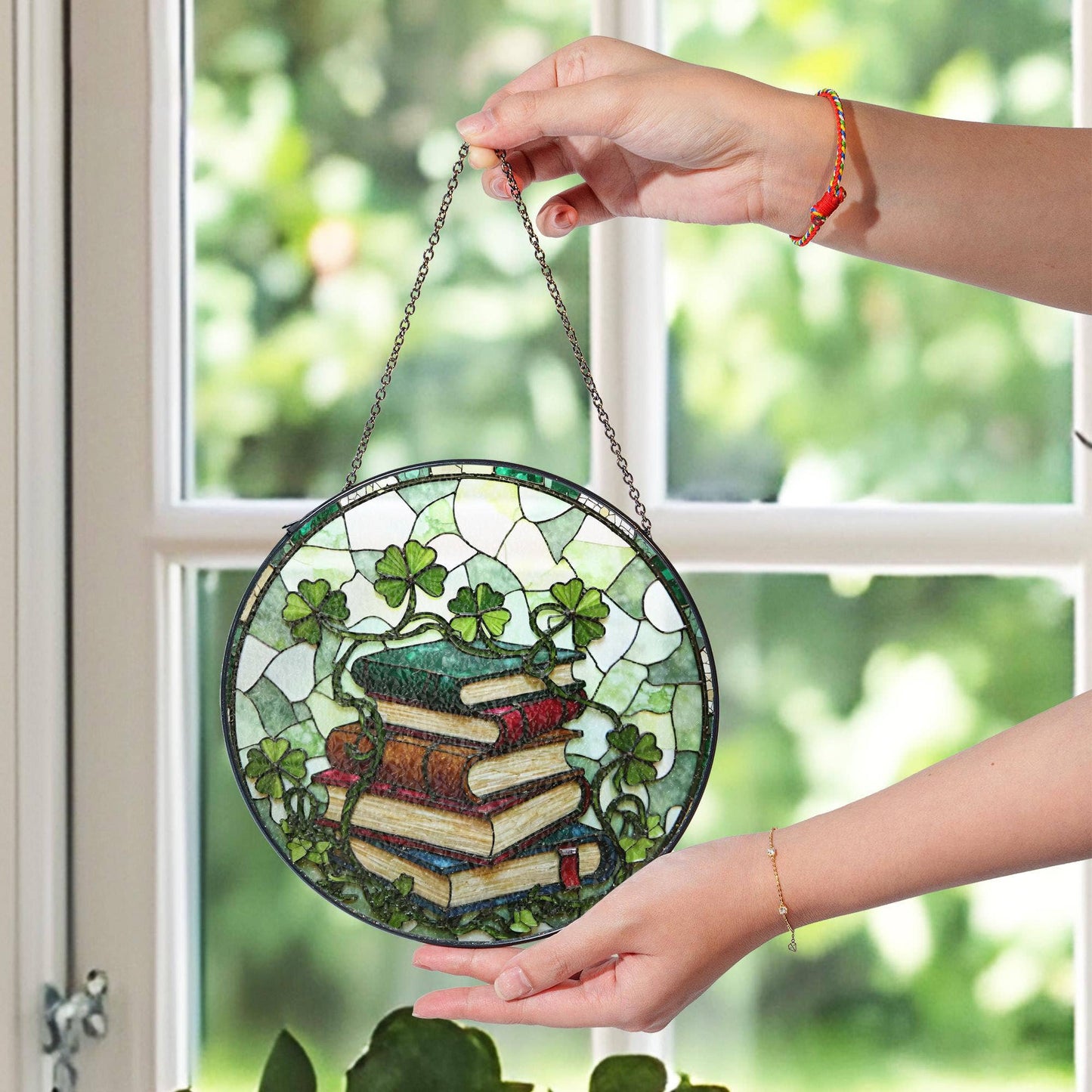 Stack of Books Clover Glass Suncatcher, Teacher Librarian