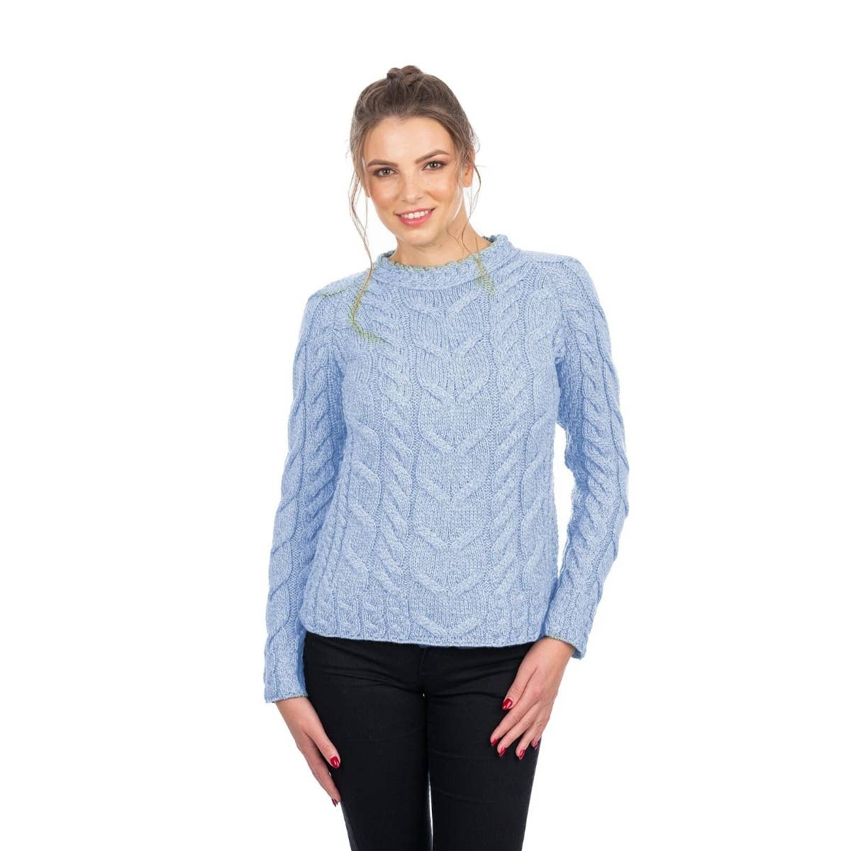 Light Blue Super Soft Merino Ladies' Cable Sweater-Medium