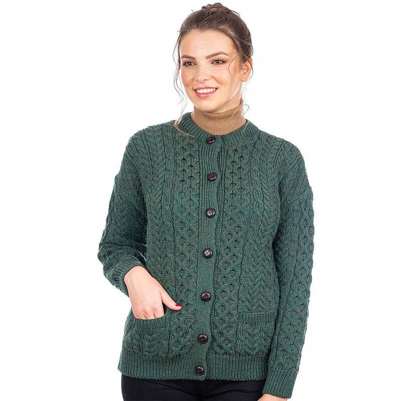 Green Ladies' Merino Aran Cardigan with Buttons SMALL