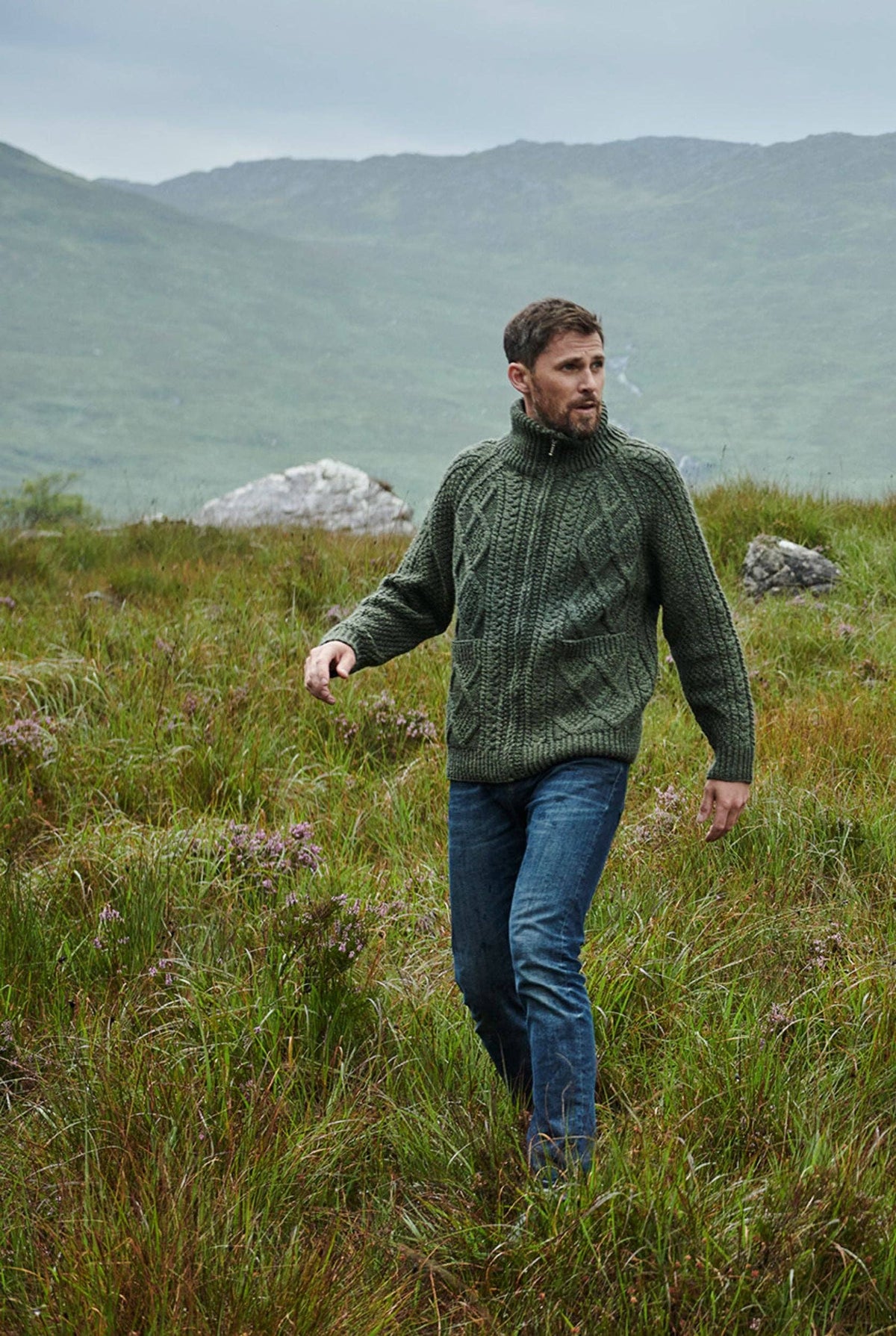 Brannock Men's Aran Zipper Cardigan - Green