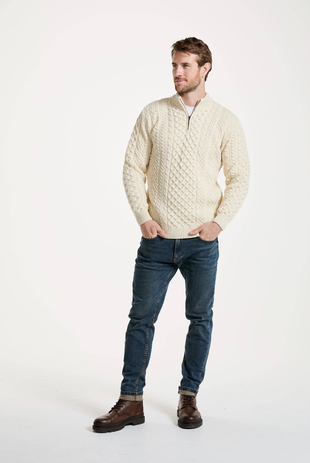 Ballycroy Mens Merino Aran Half Zip Sweater - Cream