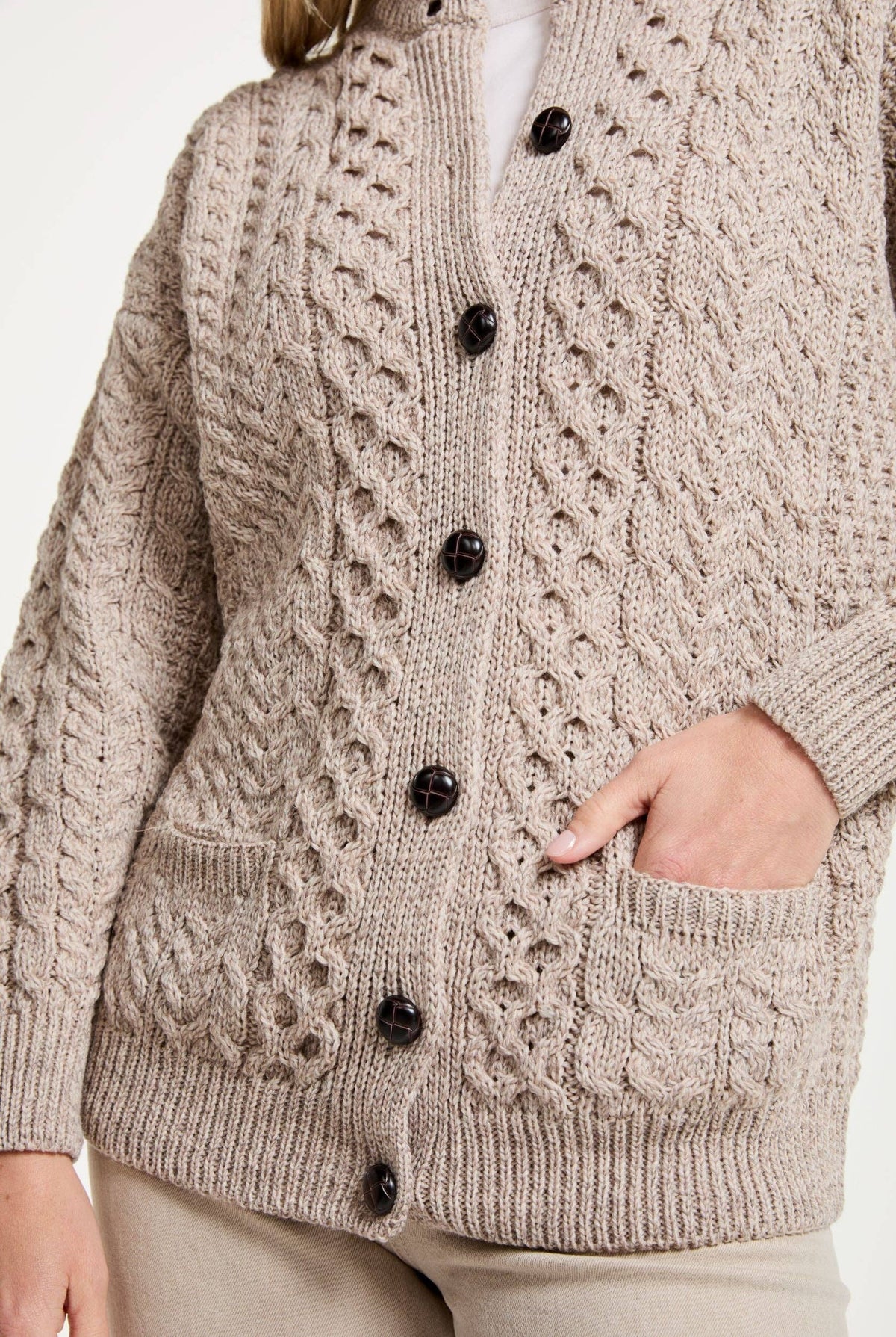 Achill Island Ladies Merino Aran Cardigan - Oat