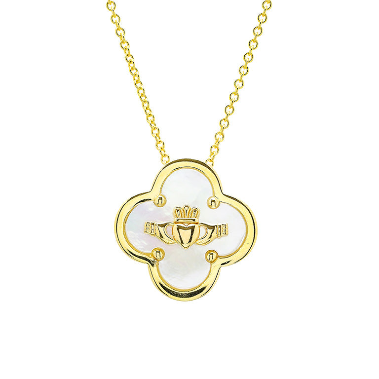 14kt Gold Vermeil Claddagh Clover Mother of Pearl Necklace