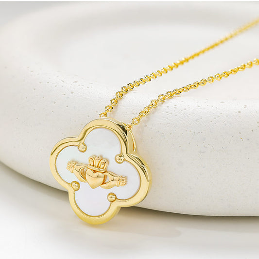 14kt Gold Vermeil Claddagh Clover Mother of Pearl Necklace