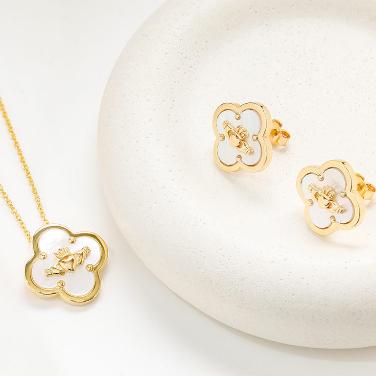 14kt Gold Vermeil Claddagh Clover Mother of Pearl Necklace
