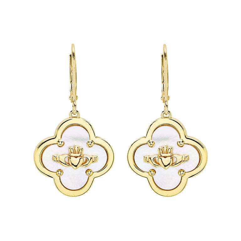 14kt Gold Vermeil Claddagh Clover Mother of Pearl Drop Earrings