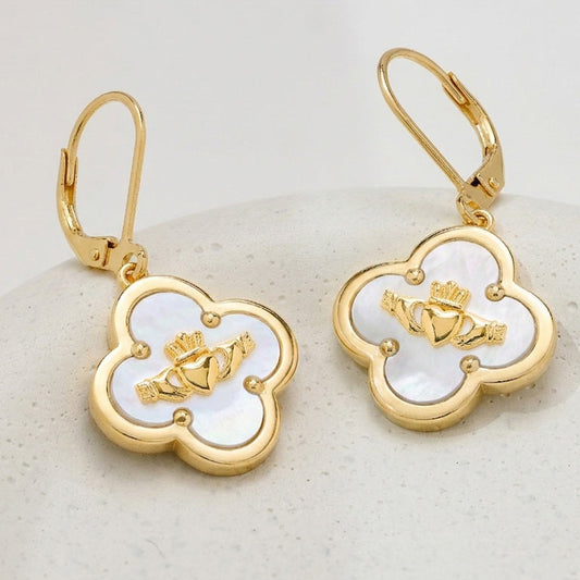 14kt Gold Vermeil Claddagh Clover Mother of Pearl Drop Earrings