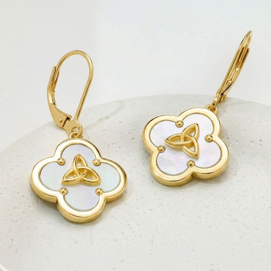 14kt Gold Vermeil Trinity Clover Mother of Pearl Drop Earrings