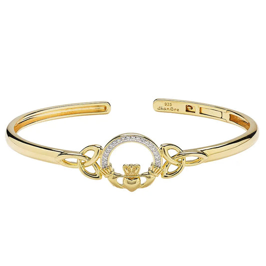 Shanore 14kt Gold Vermeil and Lab White Sapphire Celtic Claddagh Bangle