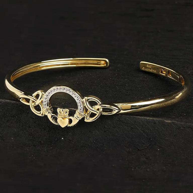 Shanore 14kt Gold Vermeil and Lab White Sapphire Celtic Claddagh Bangle