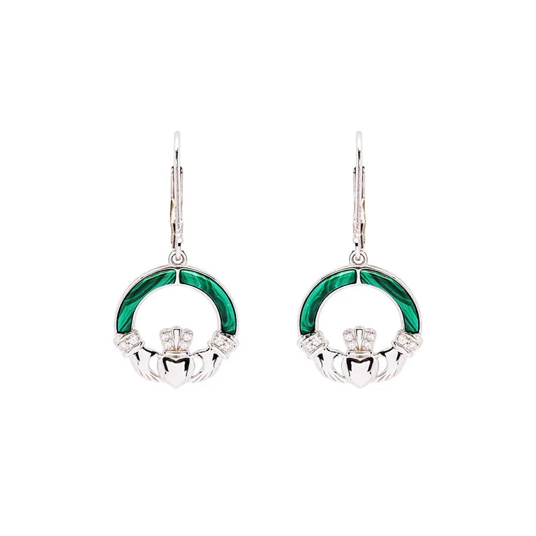 Shanore Green Malachite Sterling Silver Claddagh Drop Earrings
