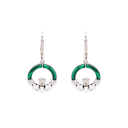 Shanore Green Malachite Sterling Silver Claddagh Drop Earrings