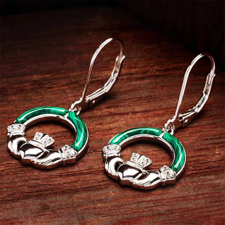Shanore Green Malachite Sterling Silver Claddagh Drop Earrings