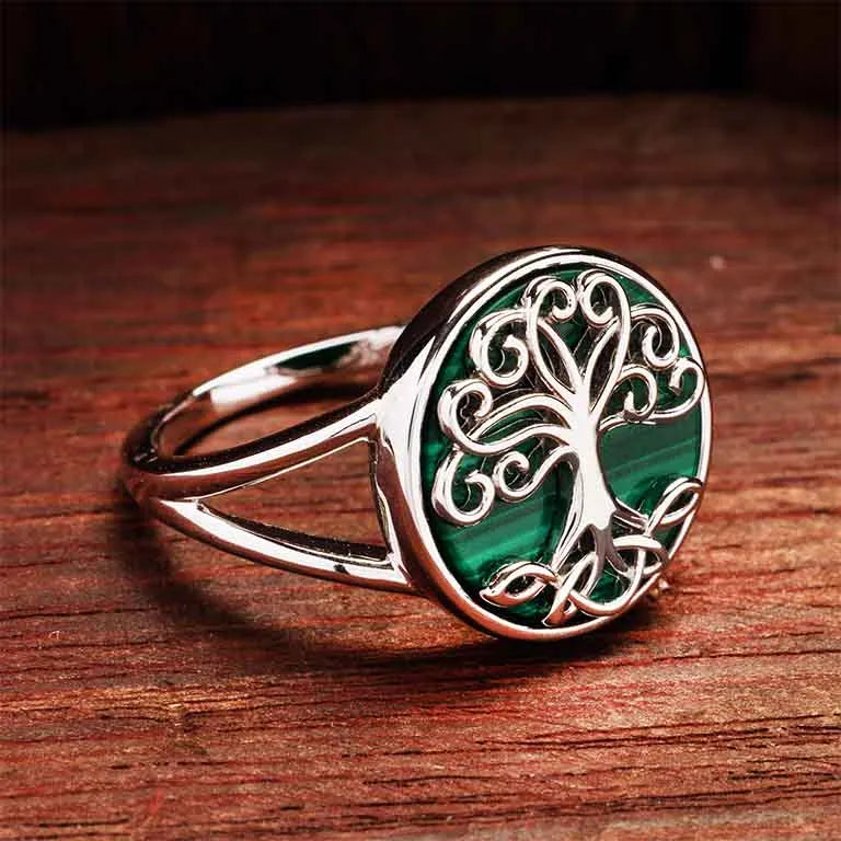 Shanore Green Malachite Sterling Silver Tree of Life Ring