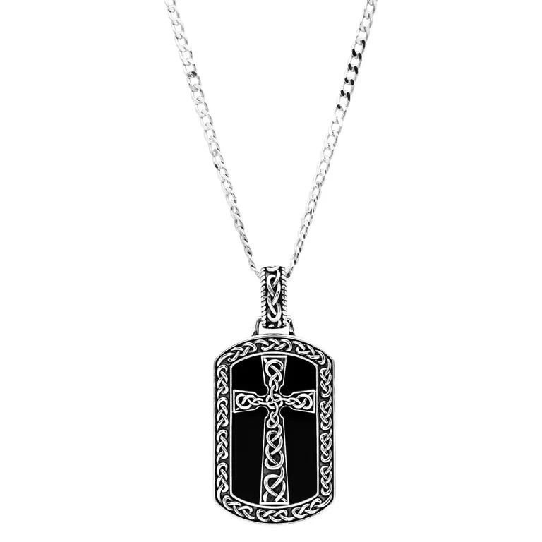 Gents Collection-Large Sterling Silver Men’s Onyx Celtic Cross Dog Tag Necklace
