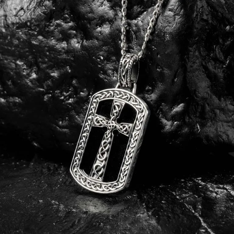 Gents Collection-Large Sterling Silver Men’s Onyx Celtic Cross Dog Tag Necklace