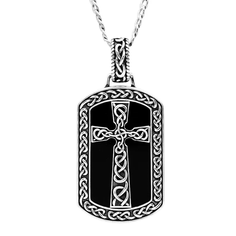 Gents Collection-Large Sterling Silver Men’s Onyx Celtic Cross Dog Tag Necklace