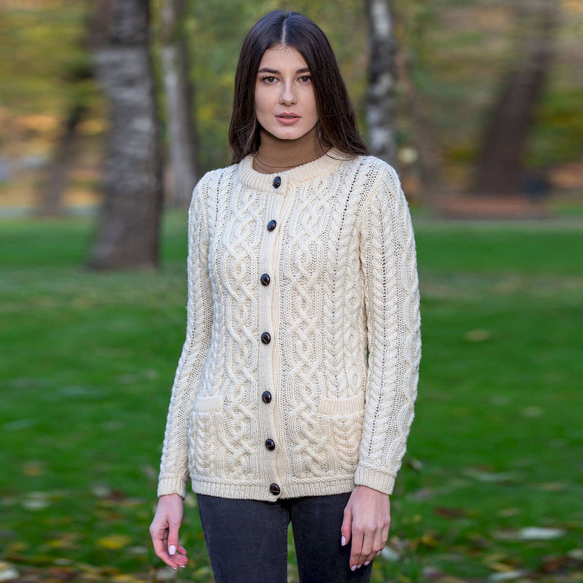 Ladies Aran Button Cardigan