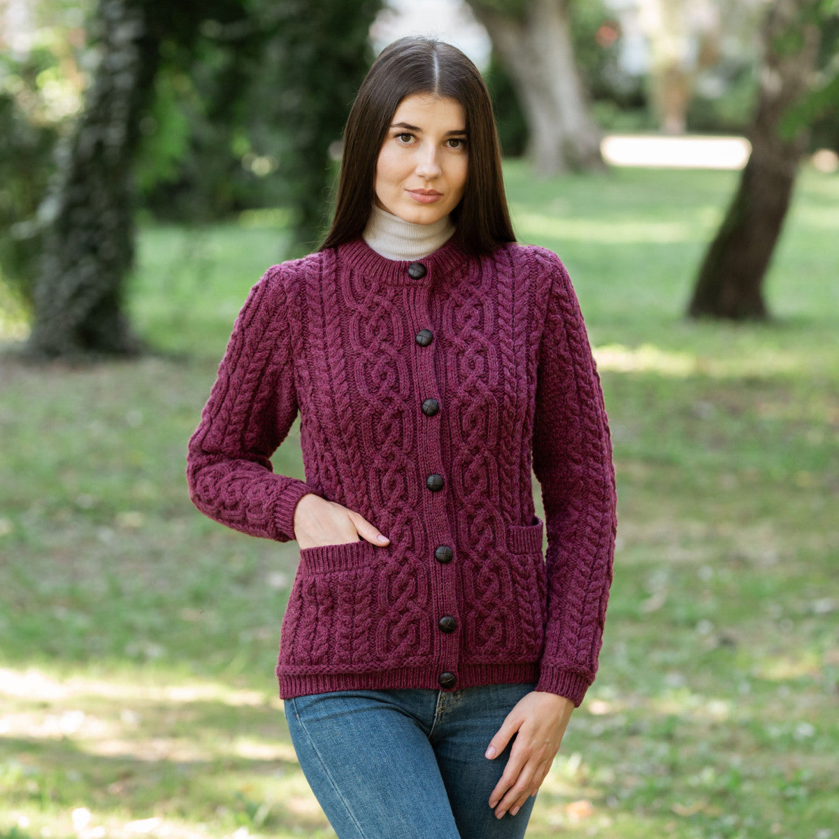 Ladies Aran Button Cardigan