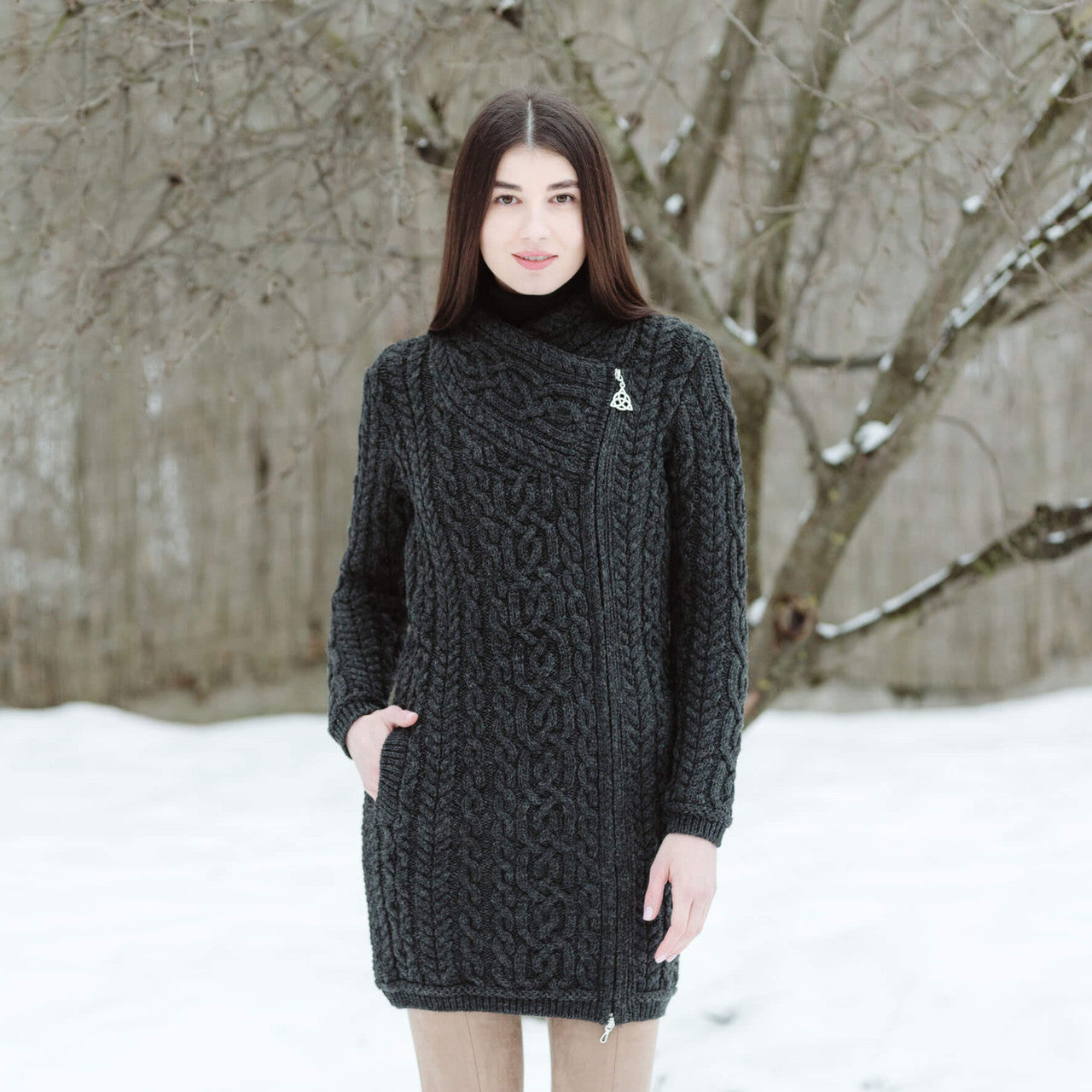 Cable Knit Side Zip Long Cardigan