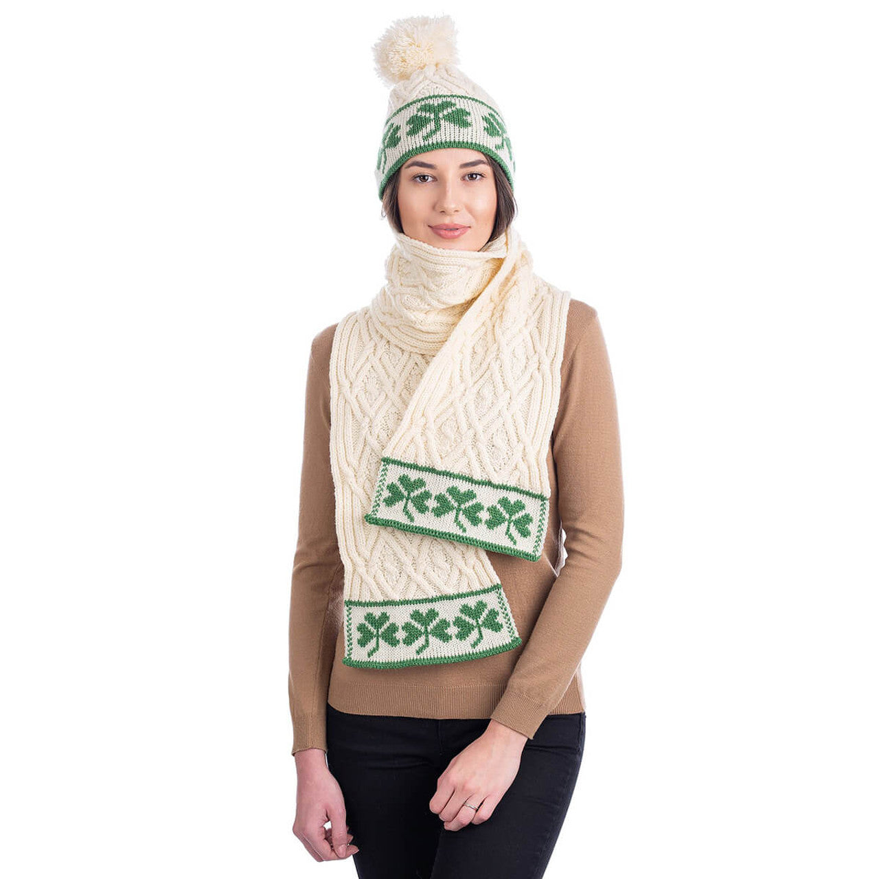 Traditional Irish Shamrock Aran Wool Scarf