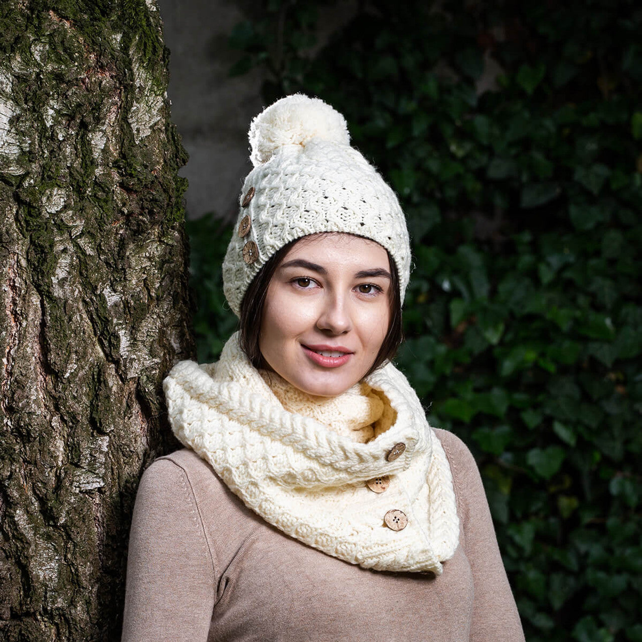 Saol Knitwear Ladies Button Pom Pom Hat