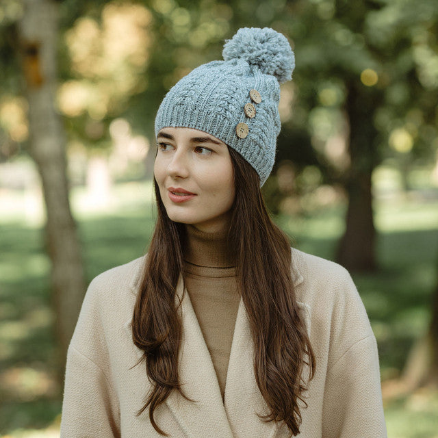 Saol Knitwear Ladies Button Pom Pom Hat